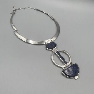 Chico's Large Modernist Statement Necklace Dark Blue Swirl Resin Structural‎